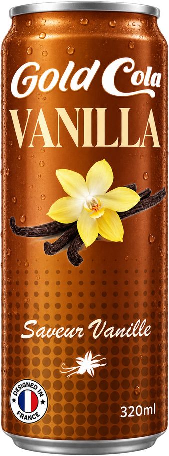 Canette Gold Cola Vanilla, 320 ml, distribuée par JSOI